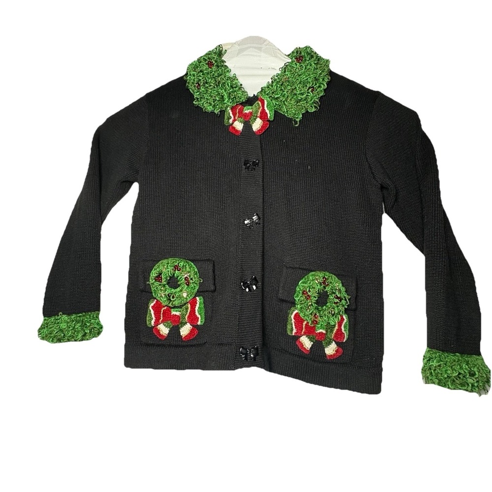 Berek Holiday Christmas Embellished Sweater M Sequins Wreaths‎ Festive Collar L